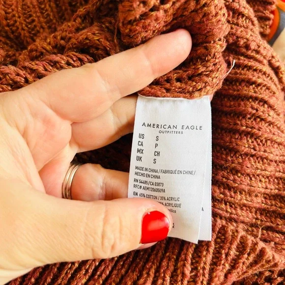 American Eagle Women’s Brown Cable Knit Ribbed Puff Sleeve Sweater S - Picture 7 of 8